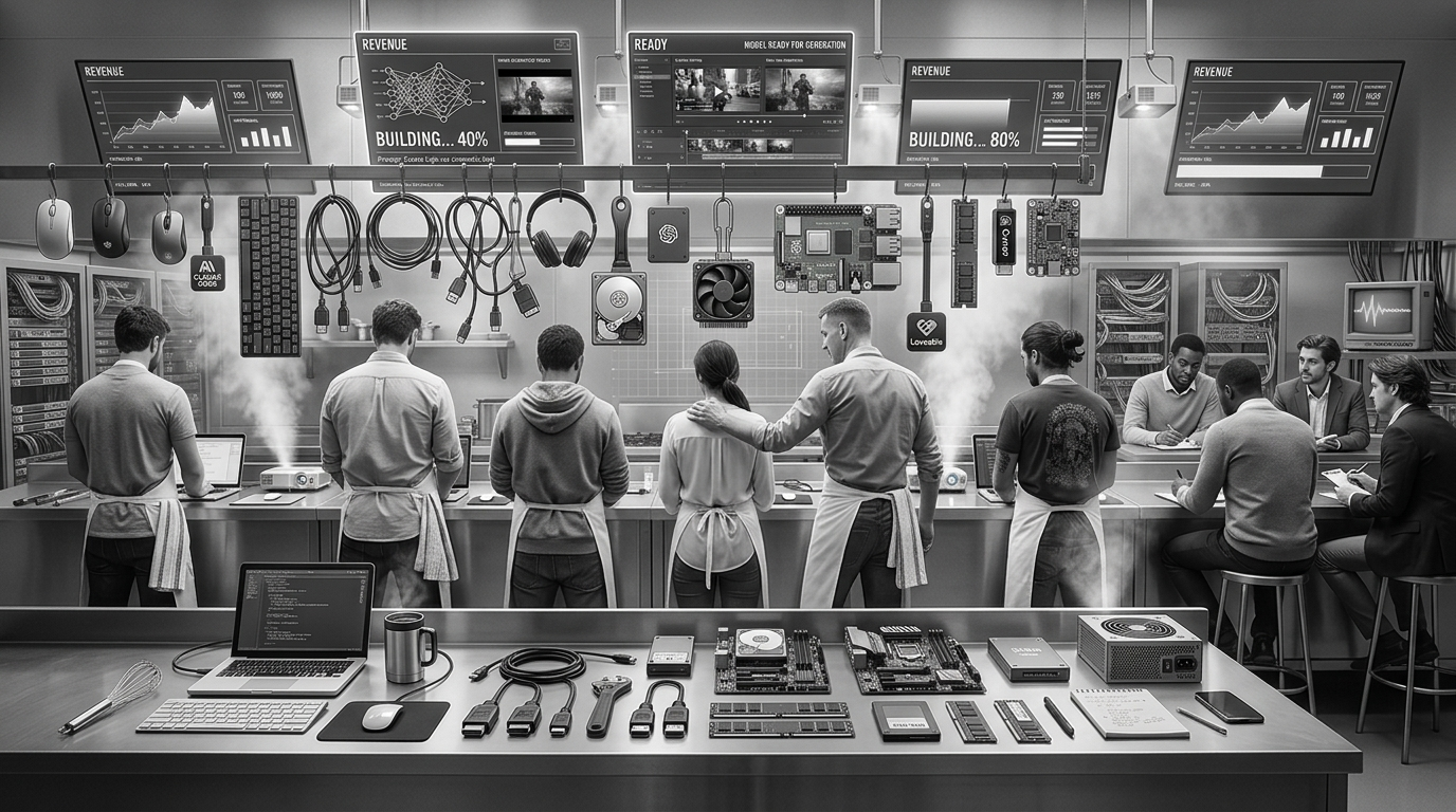 Operators working at the line — apprentices watching, building, shipping.